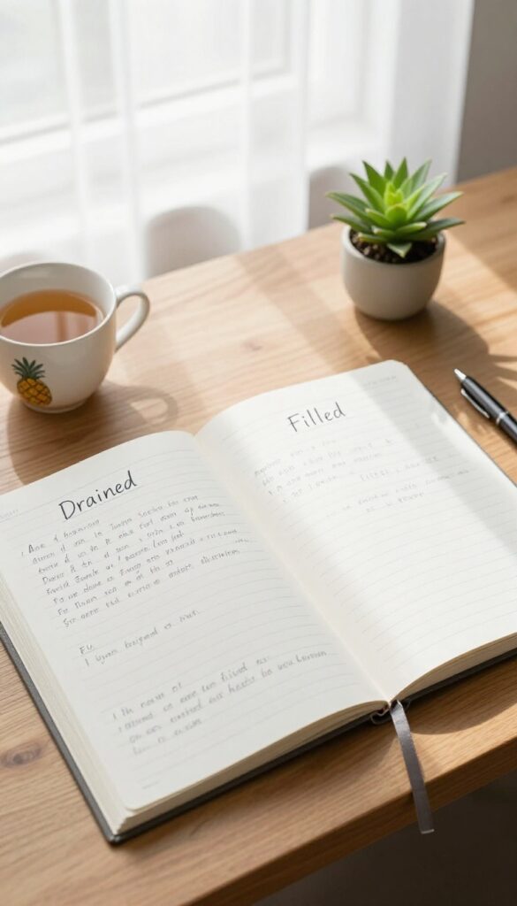 Open planner with two columns for drained and filled, pen, tea cup, and plant on wooden desk in natural light