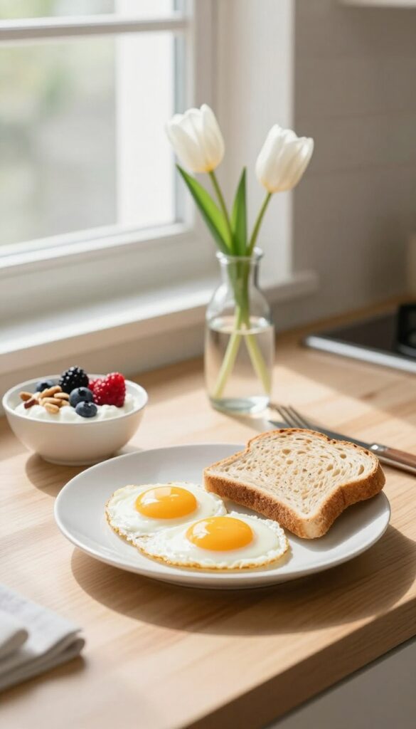 Protein-rich breakfast with eggs, toast, and Greek yogurt on a sunny kitchen counter