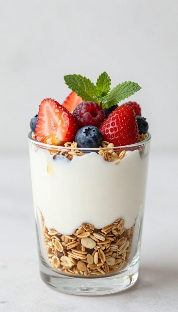 Greek yogurt parfait with berries and granola in a glass