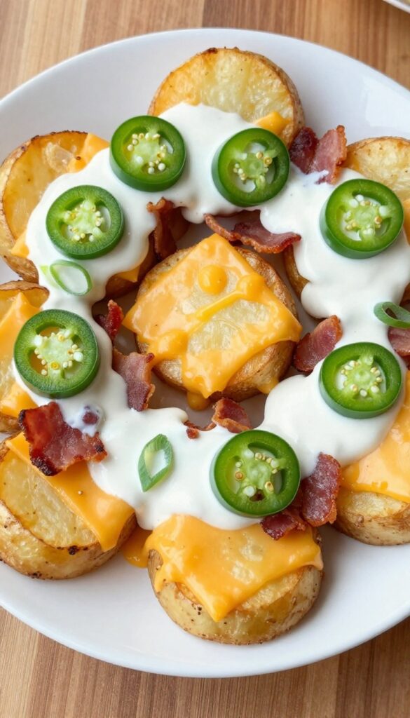 Loaded potato breakfast nachos with cheese, bacon, jalapeños, and ranch drizzle on a platter.
