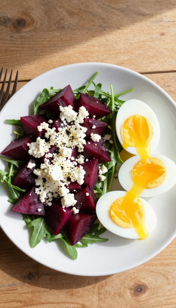 Beet and feta breakfast salad with arugula, roasted beets, feta cheese, and a soft-boiled egg, drizzled with lemon vinaigrette on a wooden table.