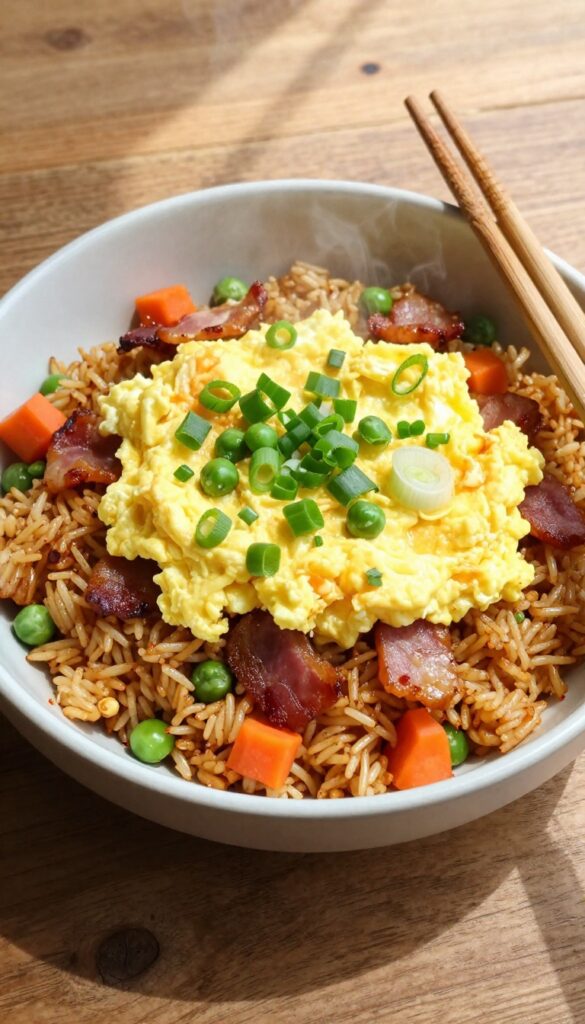 Bacon and egg fried rice in a bowl with crispy bacon, scrambled eggs, peas, carrots, and green onions