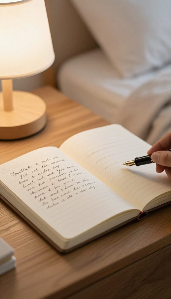 Open gratitude journal on nightstand with pen, cozy bedroom background