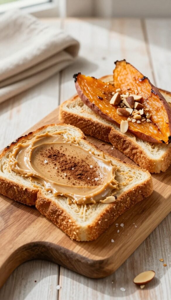 Sweet potato toast with almond butter and cinnamon on a wooden board