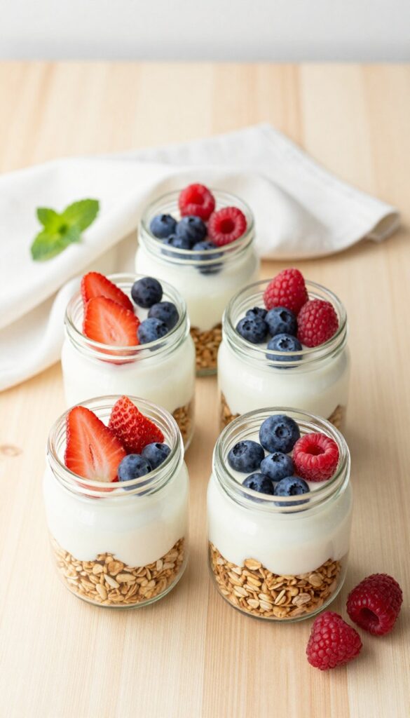 Greek yogurt parfait jars with berries and granola in mason jars on a wooden table
