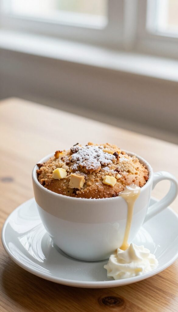 Microwave mug coffee cake with streusel topping and whipped cream on a wooden table.