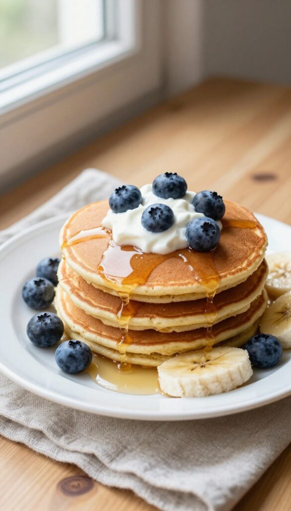 Stack of oat and banana pancakes with yogurt and berries on a plate
