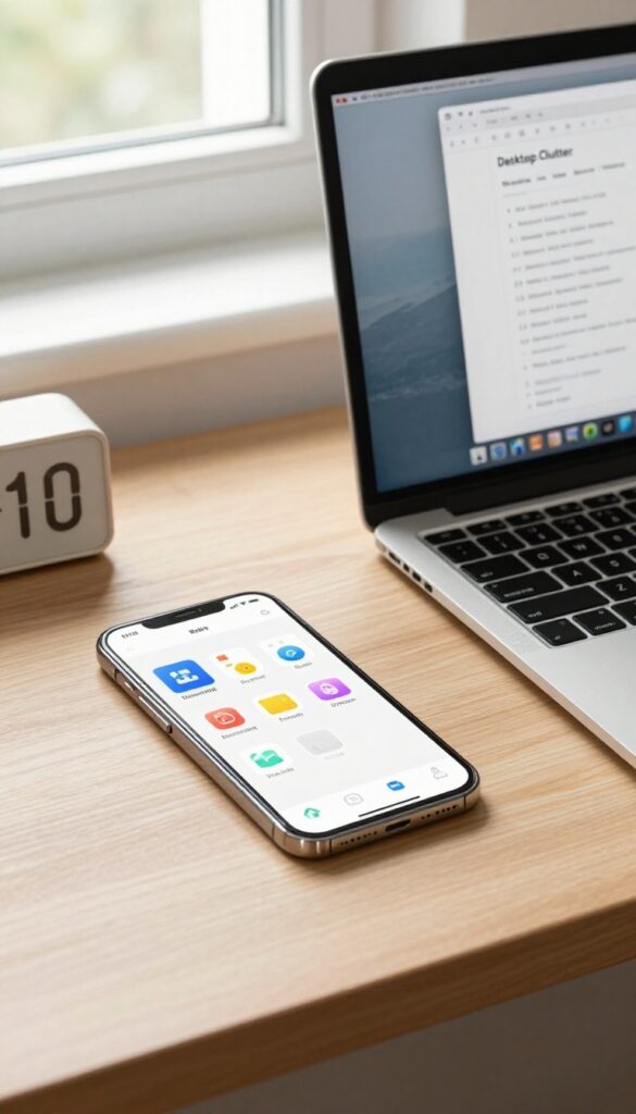 A clean desk with a smartphone and laptop showing organized screens, symbolizing a digital declutter.