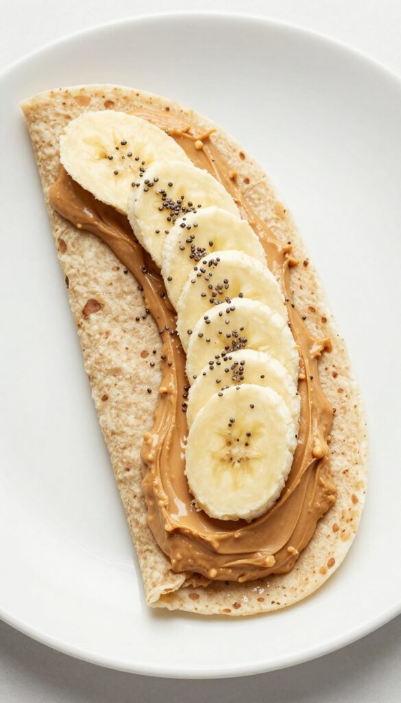 Peanut butter banana wrap being rolled on a tortilla with chia seeds