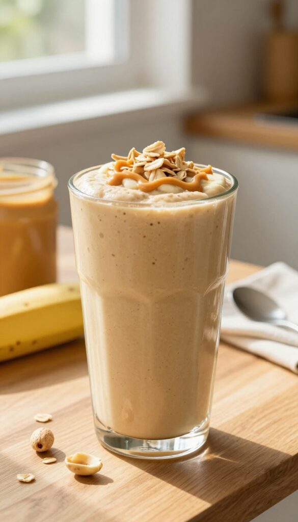 Creamy peanut butter banana smoothie in a glass on a wooden counter with banana and peanut butter jar nearby