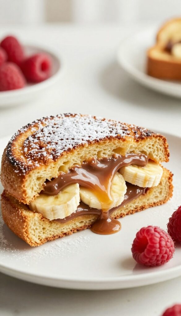 Banana Nutella stuffed French toast sandwich cut in half, showing melted Nutella and banana slices, on a plate with powdered sugar and berries.