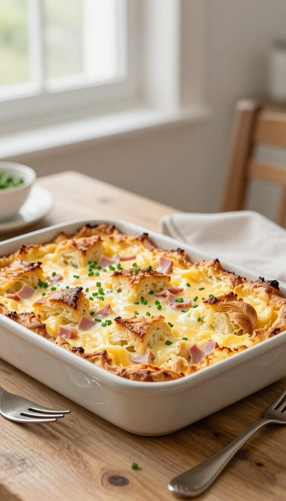 Savory ham and Swiss croissant bake casserole in a baking dish, golden and puffed, with chives on top, on a wooden table.