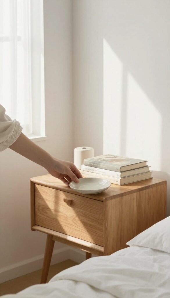 A person decluttering a nightstand in a bright bedroom, creating a calm and organized space.