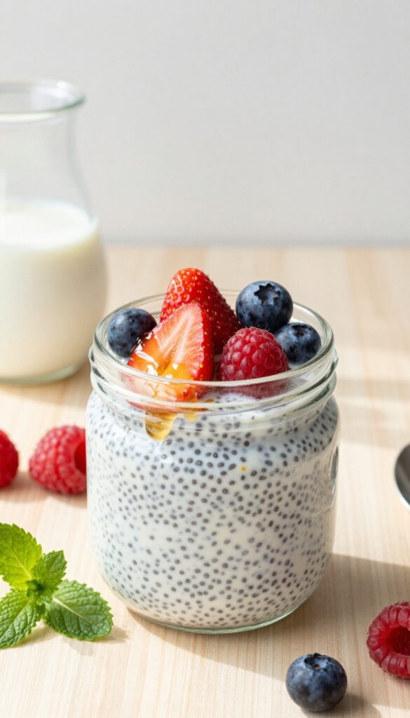 Overnight chia pudding with vanilla and fresh berries in a glass jar on a wooden table