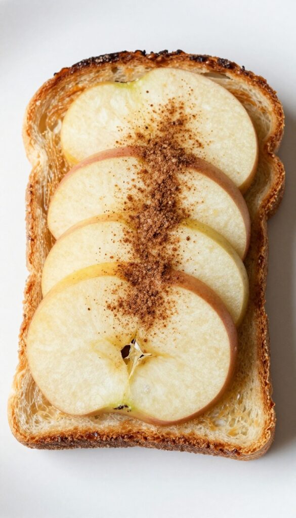 Broiled cinnamon sugar and apple toast on a baking sheet