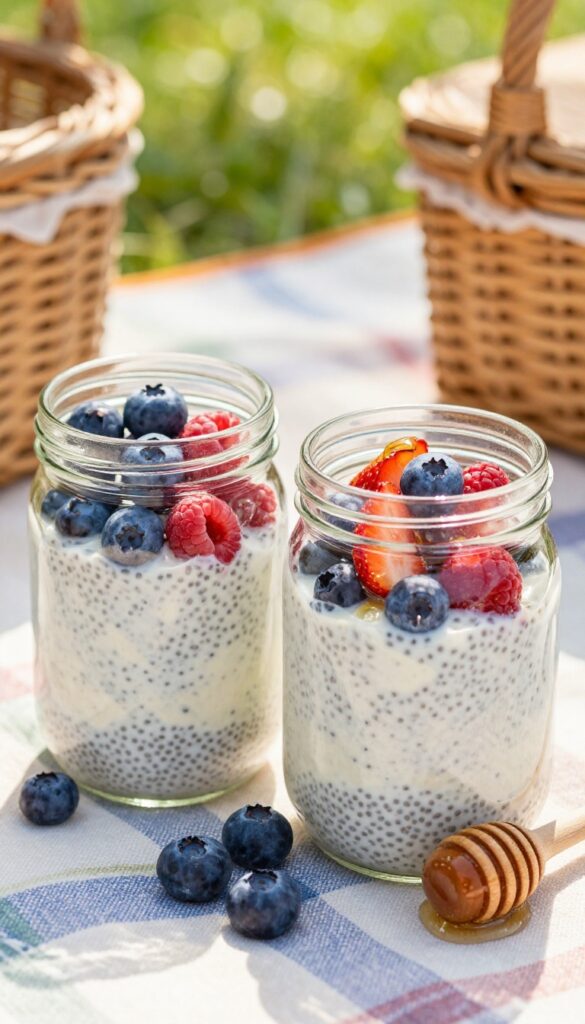 Two glass jars of overnight chia pudding with fresh berries on a picnic blanket in a sunny park.