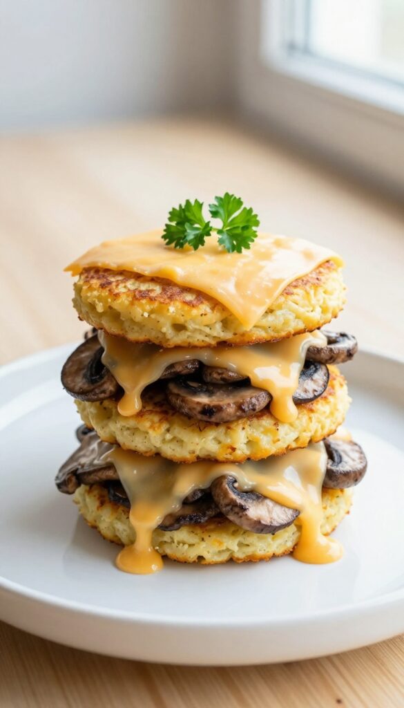 Mushroom and Swiss hash brown stack with melted cheese and parsley garnish