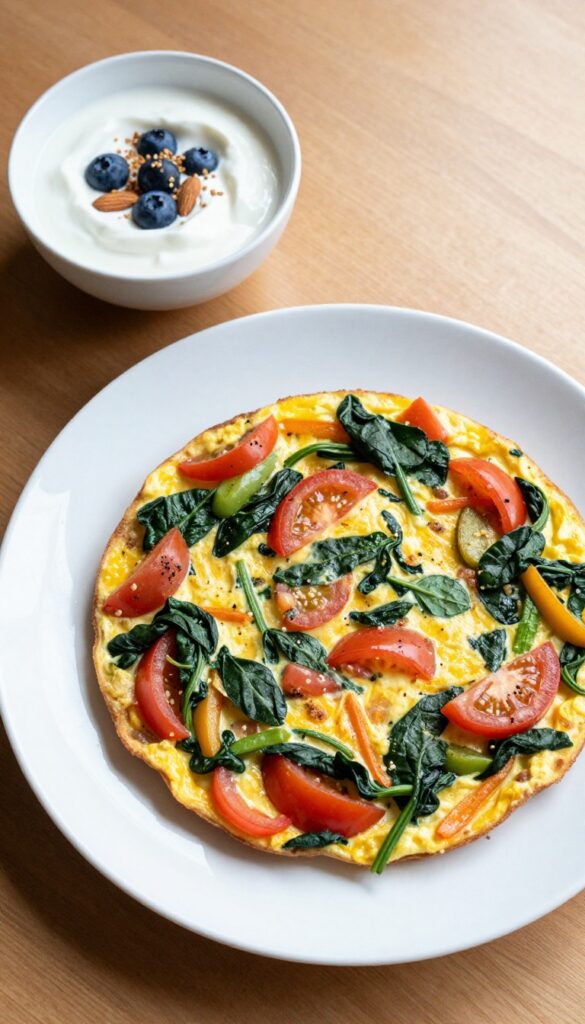 Protein-rich breakfast with vegetable omelet and Greek yogurt with berries and nuts