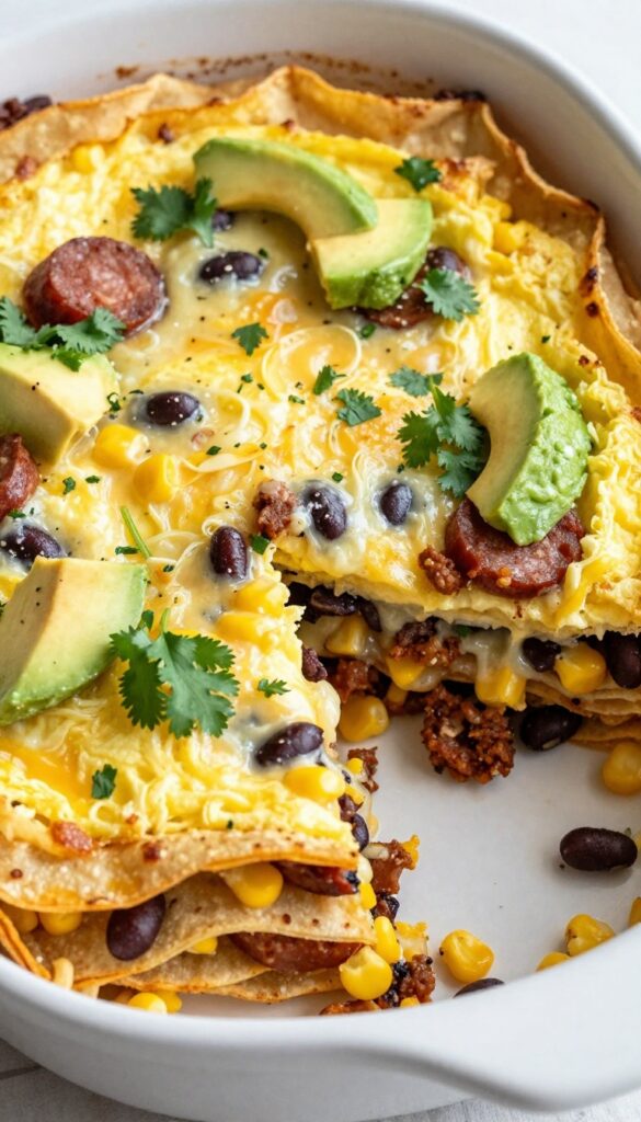 Southwest chorizo and egg casserole with melted cheese, black beans, corn, and tortilla strips, garnished with avocado and cilantro.