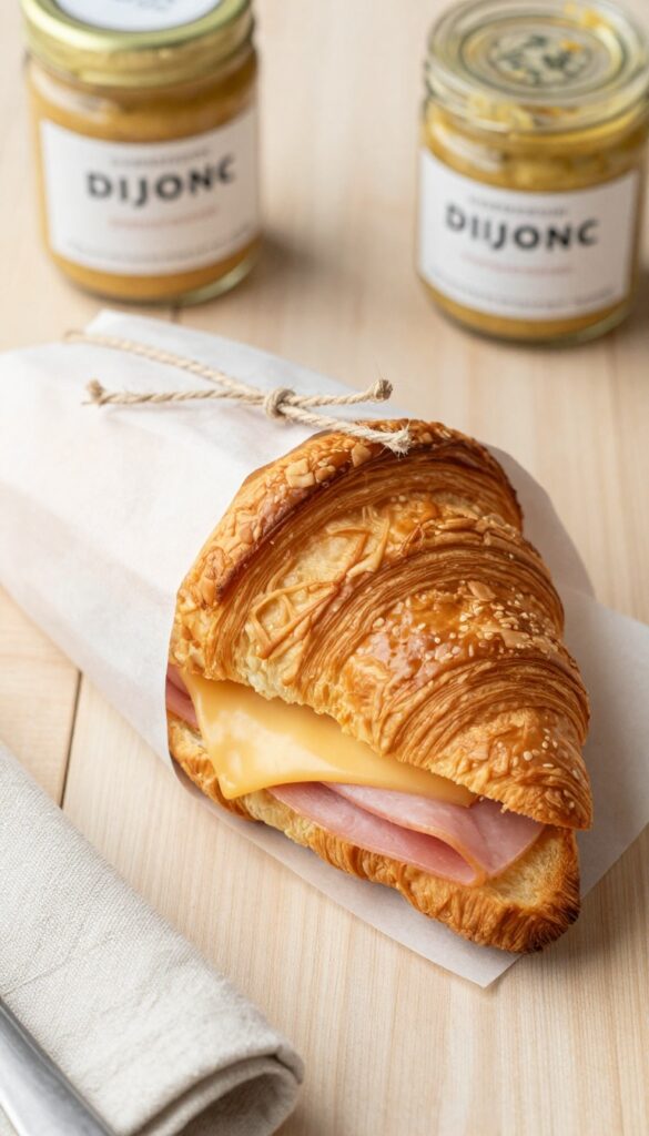 Ham and cheese croissant sandwich wrapped in parchment paper on a wooden table