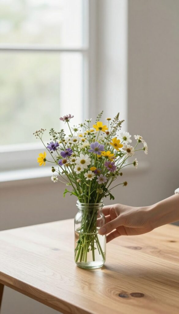 Hands arranging a small bouquet of wildflowers in a glass jar on a wooden table