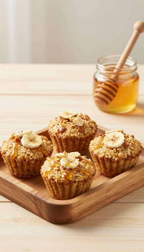 Three baked oatmeal cups in a wooden gift box with a mini honey jar, peanut butter and banana flavor, warm lighting.