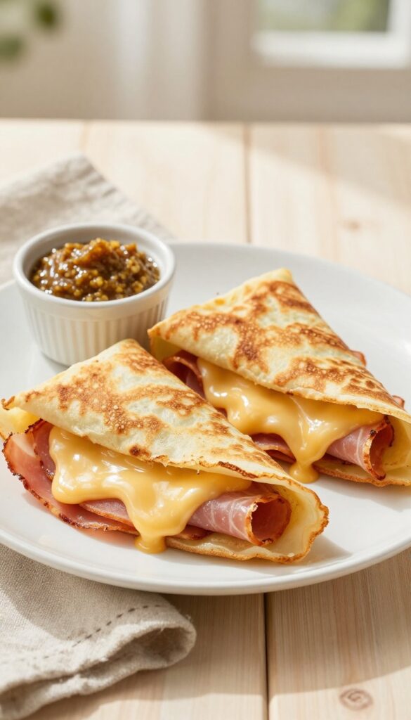 Two ham and cheese crepes on a plate with Dijon mustard, warm morning light.