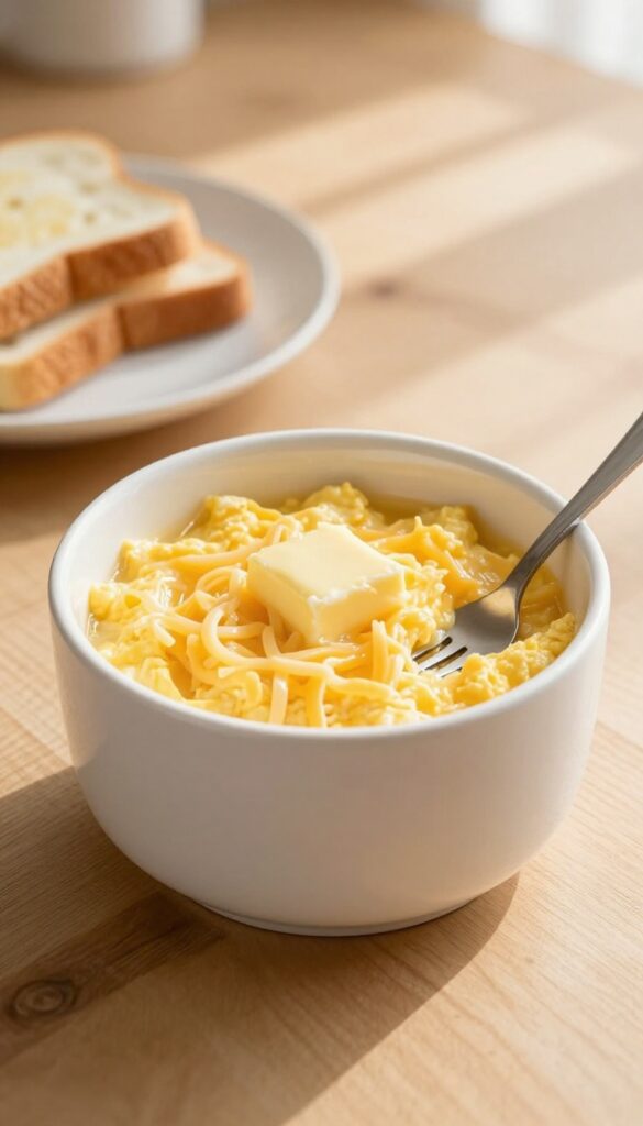 Microwave scrambled eggs in a mug with cheese and butter, served with toast soldiers on a sunny kitchen countertop.