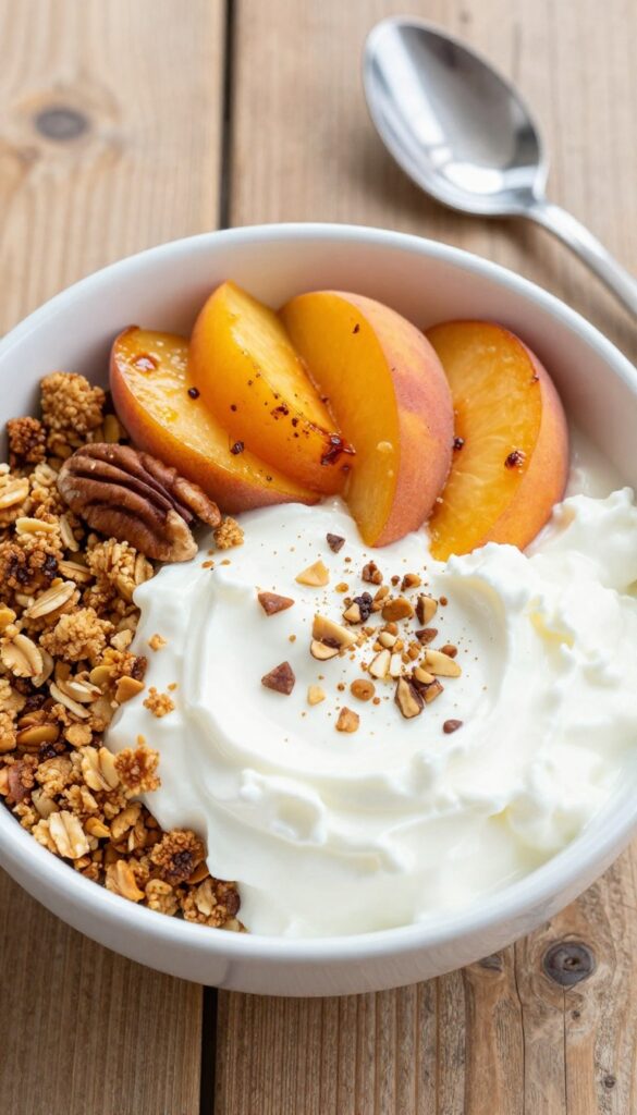 Cottage cheese and peach crumble breakfast bowl with oat topping and pecans