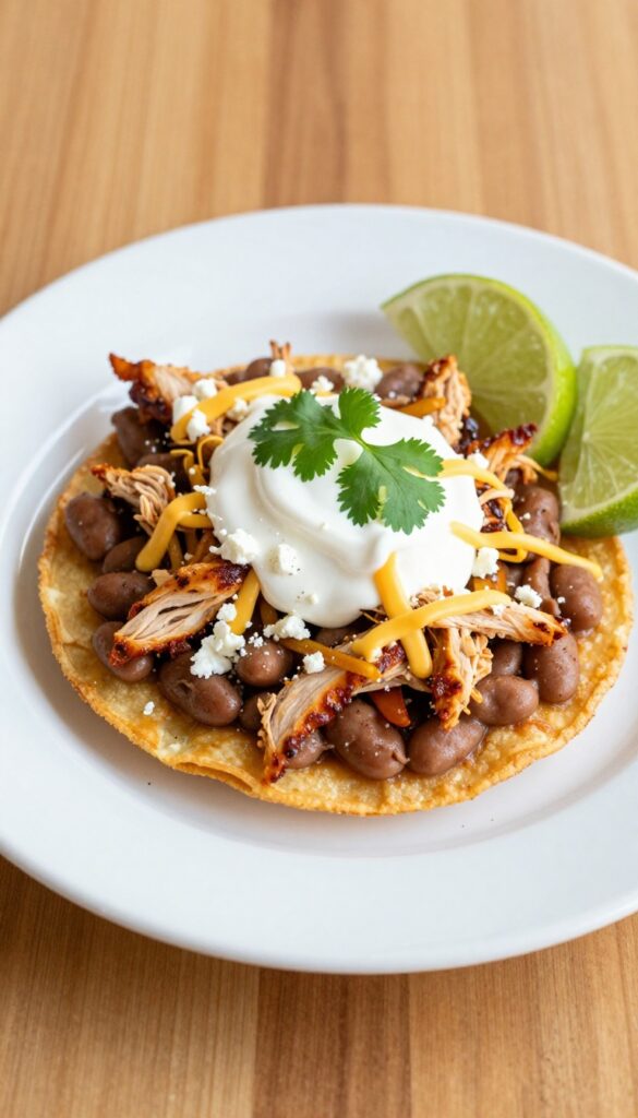 Crispy tostada topped with refried beans, chipotle chicken, sour cream, queso fresco, and cilantro, with lime wedges on the side.