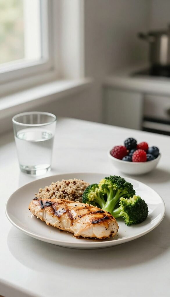 A balanced 1200 calorie meal on a plate with chicken, broccoli, quinoa, berries, and water.