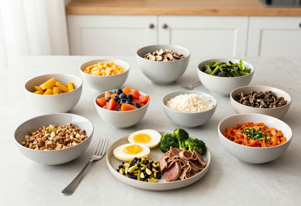 Gut reset diet meal spread with oatmeal, salmon, vegetables, and lemon water.