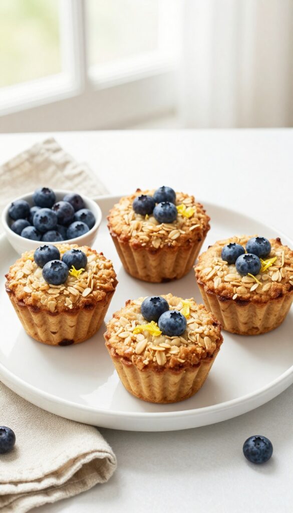 Baked oatmeal cups with blueberries on a plate, top-down view, bright natural light