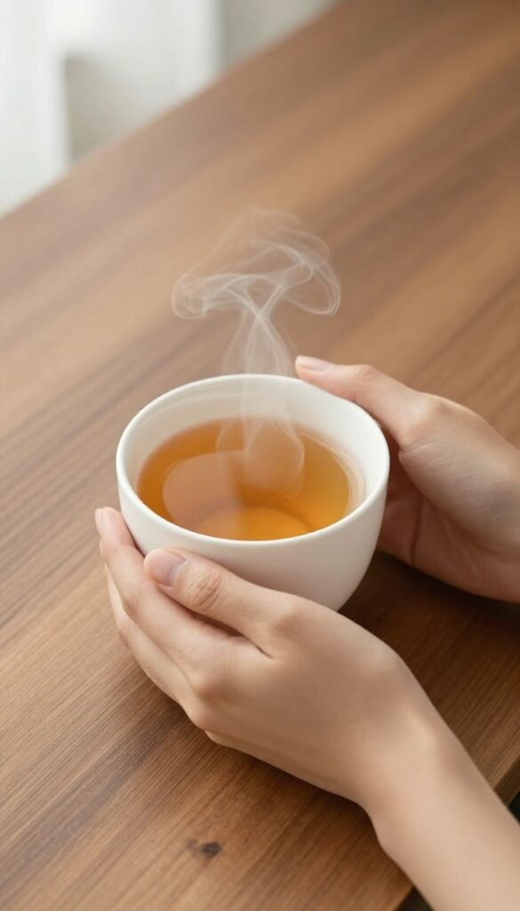 A woman holding a steaming cup of tea in a sunlit room, practicing mindfulness.