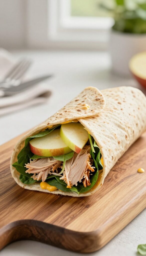 Whole wheat wrap with turkey, apple, and Dijon mustard cut in half on a wooden board.