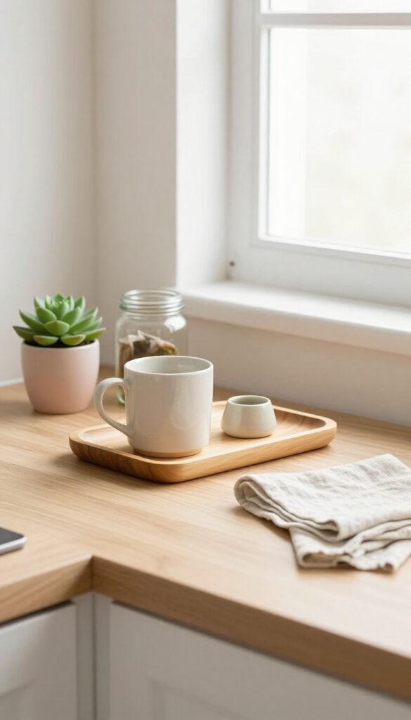 A curated tea station on a wooden tray with a mug, tea jar, succulent, and linen napkin in natural light.