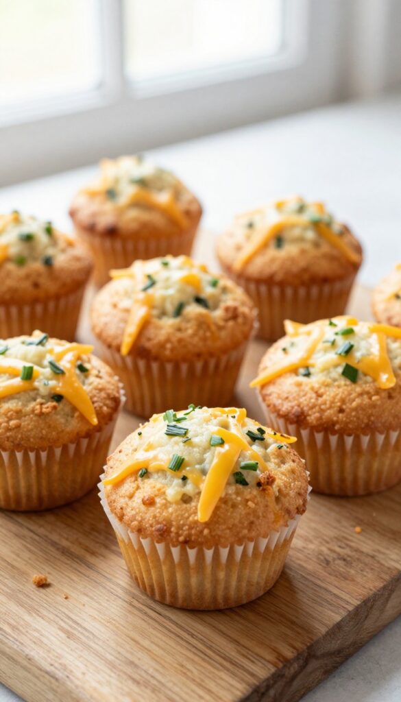 Freshly baked cheddar and chive savory muffins on a wooden table