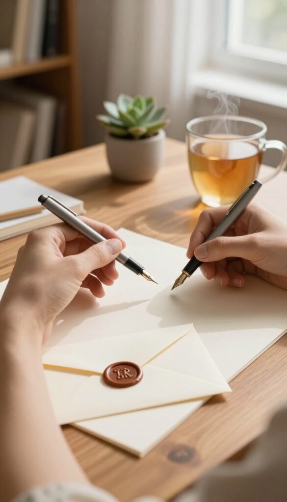 Hands writing a letter on stationery with an envelope and wax seal nearby, cozy desk setting with tea and succulent.