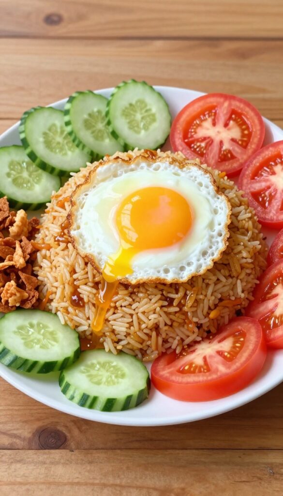 Indonesian nasi goreng with fried egg and prawn crackers