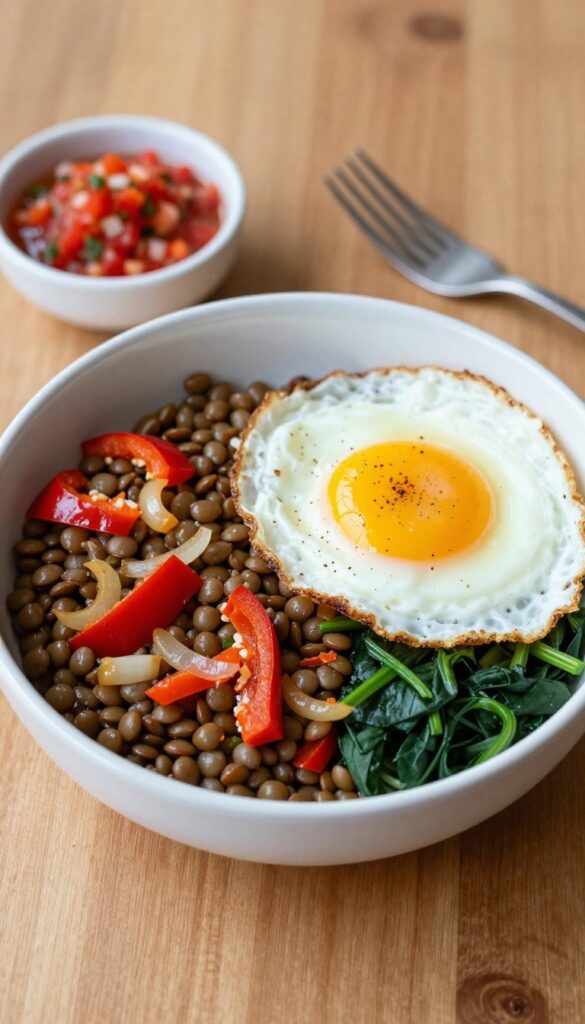 Lentil and veggie breakfast bowl with fried egg on top