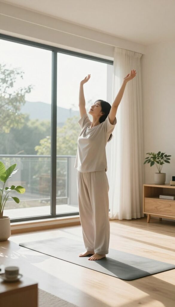 Person stretching in a bright minimalist bedroom in the morning