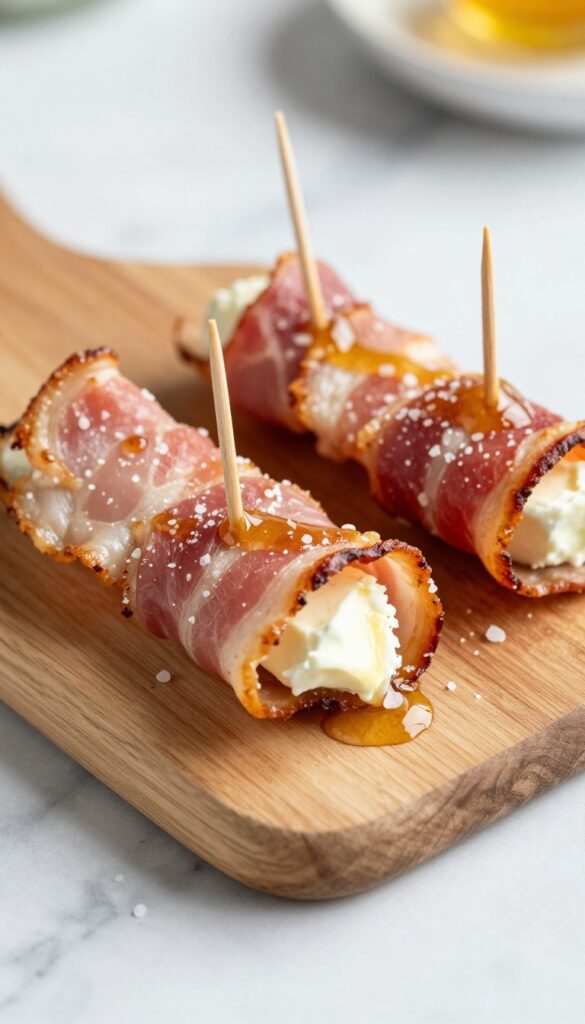 Bacon-wrapped dates with goat cheese on a wooden board, drizzled with honey and sea salt.