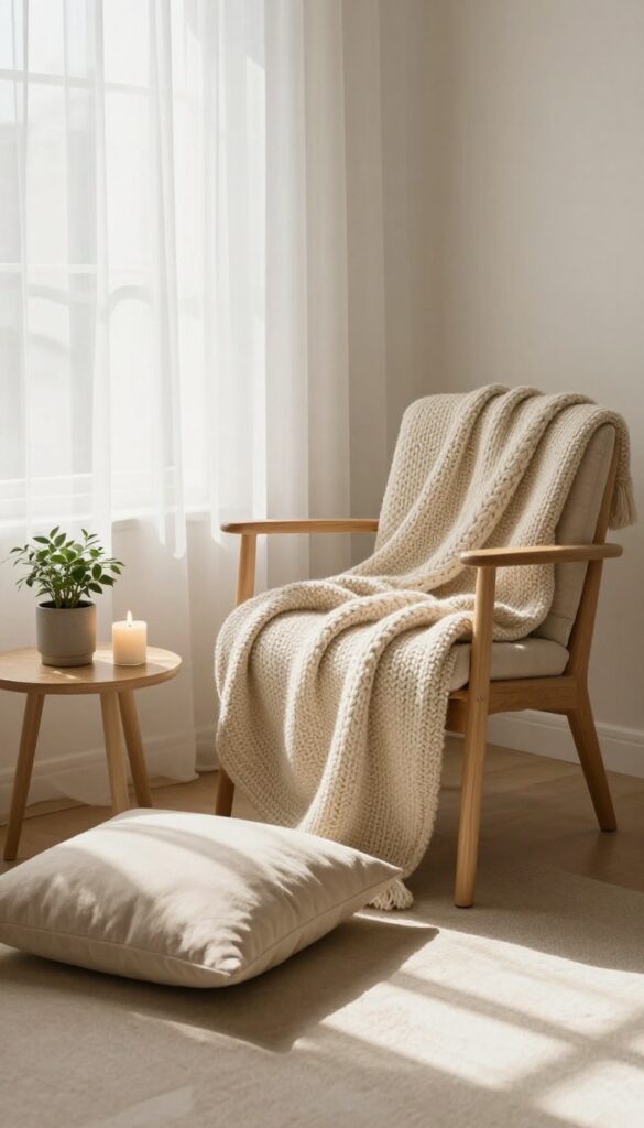 Cozy corner with floor cushion, blanket, plant, and candle in natural light