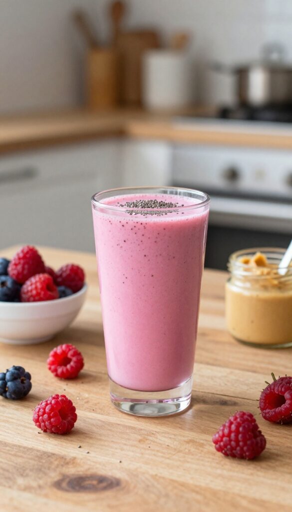 Berry and almond smoothie in a glass with chia seeds on top, surrounded by ingredients on a wooden table.