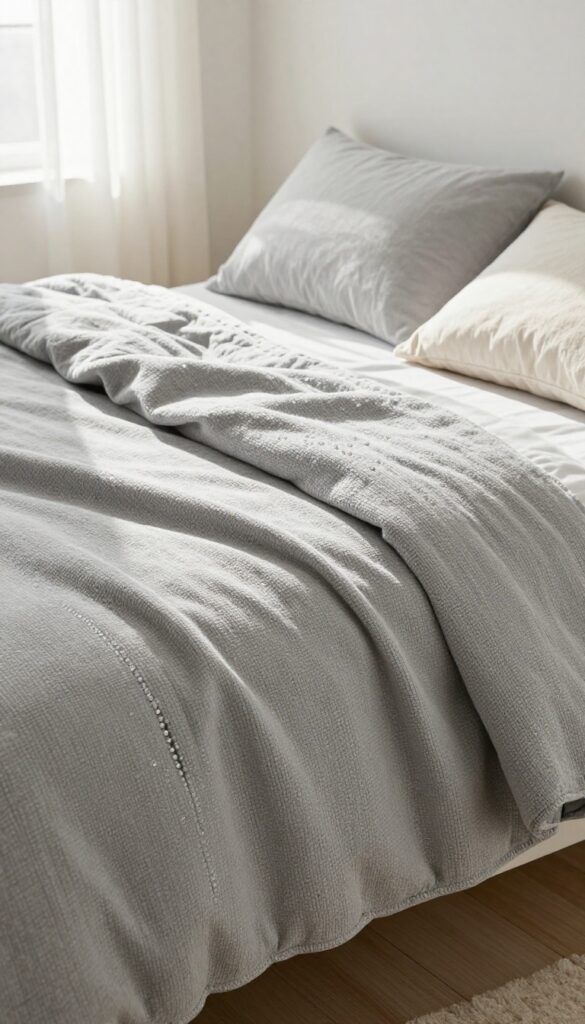 A weighted blanket on a bed in natural light, with a cozy and calming aesthetic.
