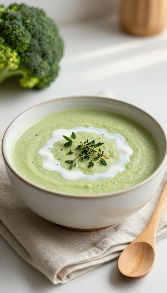 Creamy broccoli soup with coconut milk in a ceramic bowl, garnished with thyme, on a kitchen counter with natural light.