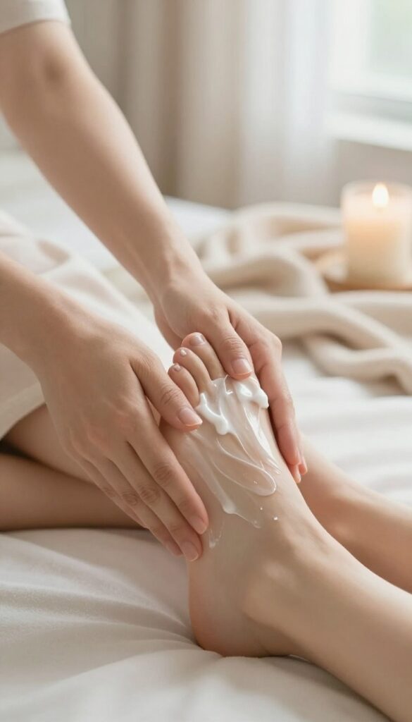 Person giving themselves a foot massage with lotion in a cozy, sunlit room
