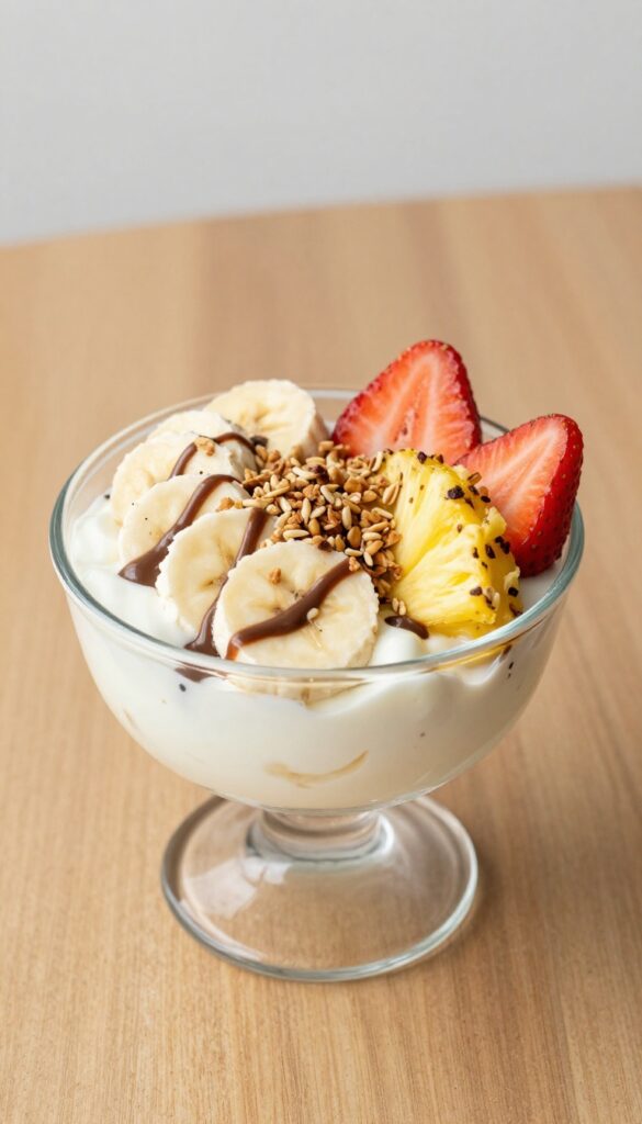 Banana split yogurt parfait with layers of yogurt, bananas, strawberries, pineapple, chocolate sauce, and granola