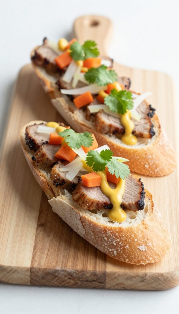 Vietnamese Bánh Mì Breakfast Sandwich mini toasts on a wooden board.