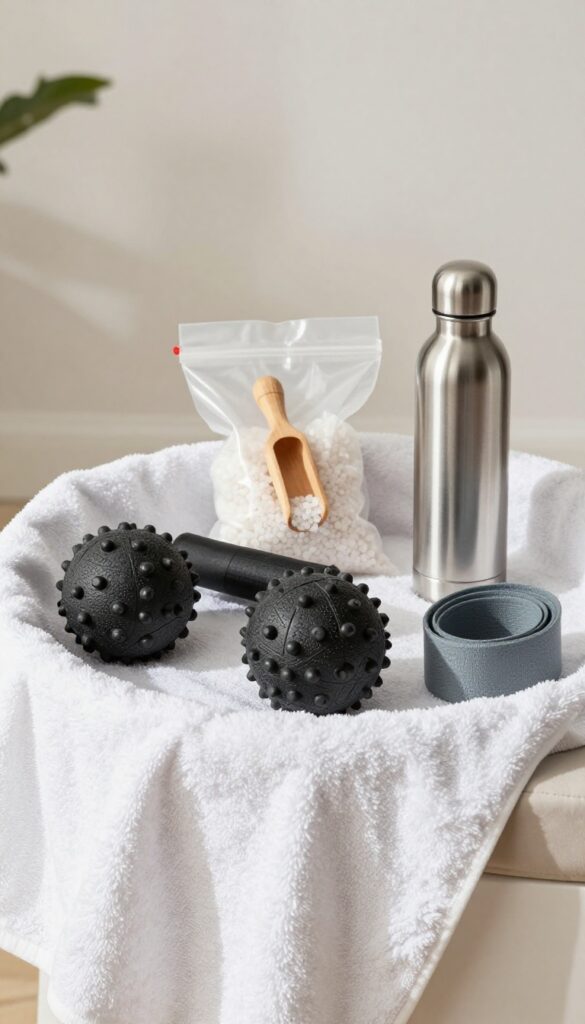 Flat lay of a fitness recovery basket with foam roller, massage balls, Epsom salts, water bottle, and resistance band on a white towel.